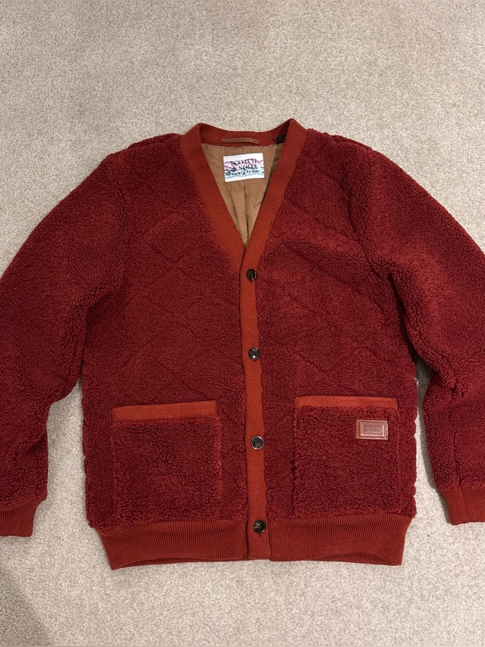 Scotch & Soda Quilted Red Orange Button Fleece Teddy Cardigan Jacket Mens Size M